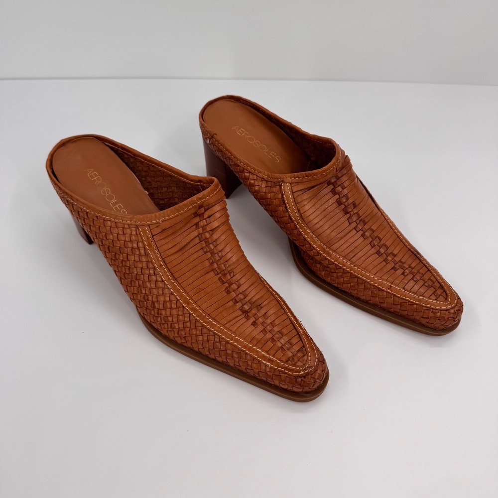 Aerosoles Women's Size 7.5M Tan Woven Leather Square Toe Mules‎ Block Heel 2.5"